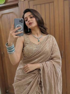 Beige Embroidered Organza Designer Saree with blouse  4