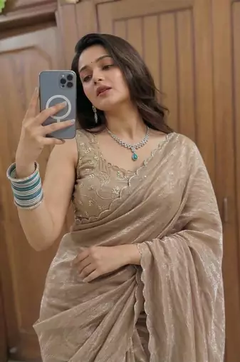 Beige Embroidered Organza Designer Saree with blouse 