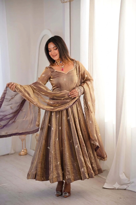 Brown fendy satin anarkali with crepe satin bottom & dupatta 4