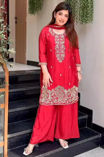 Red french crepe kurta pant with chinnon dupatta set