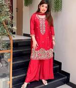 Red french crepe kurta pant with chinnon dupatta set