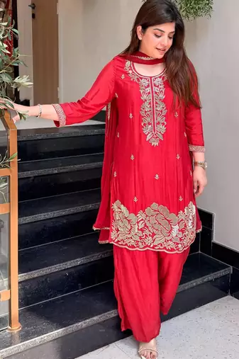 Red french crepe kurta pant with chinnon dupatta set
