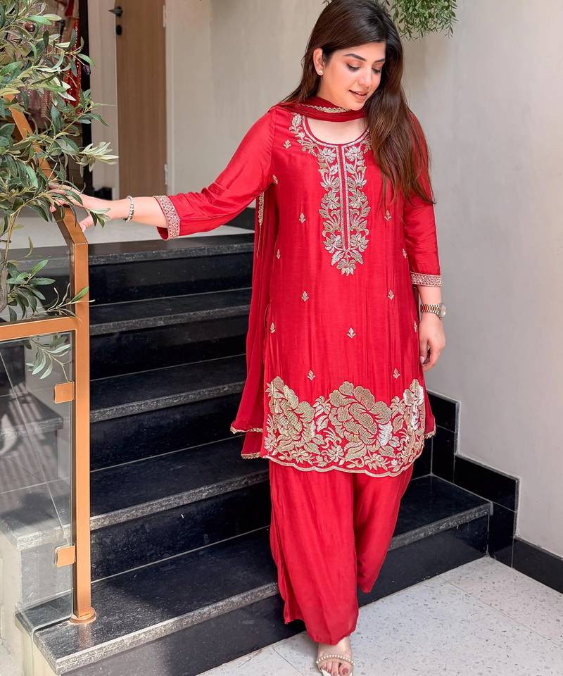 Red french crepe kurta pant with chinnon dupatta set