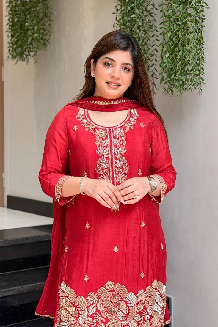 Red french crepe kurta pant with chinnon dupatta set