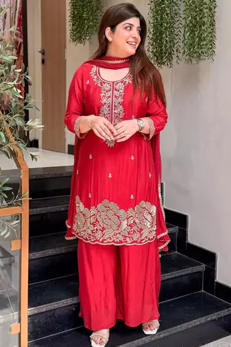 Red french crepe kurta pant with chinnon dupatta set