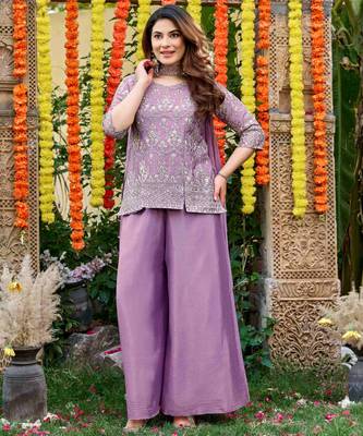 Mauve chinnon short kurti with palazzo & dupatta set 1