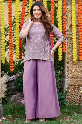 Mauve chinnon short kurti with palazzo & dupatta set