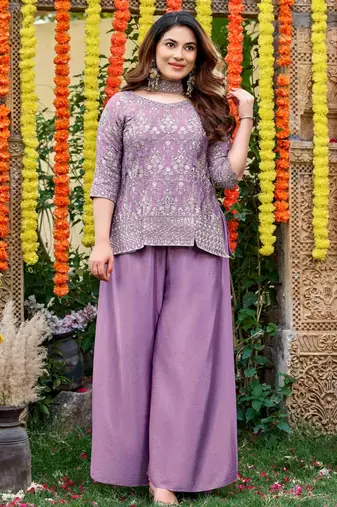 Mauve chinnon short kurti with palazzo & dupatta set