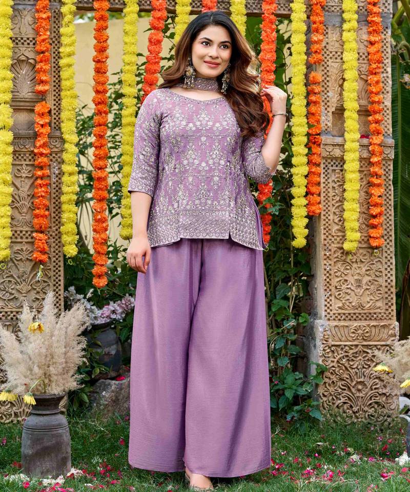 Mauve chinnon short kurti with palazzo & dupatta set