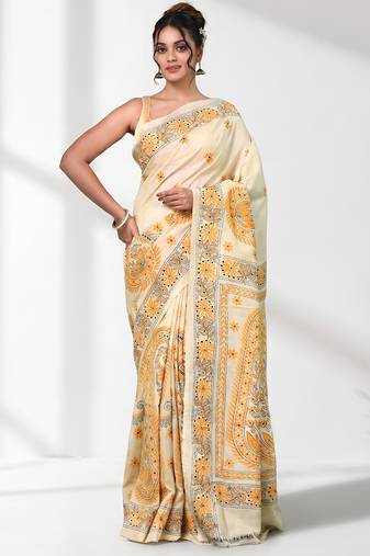 beige kantha stitch bangalore silk blend soft saree