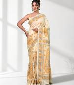 beige kantha stitch bangalore silk blend soft saree