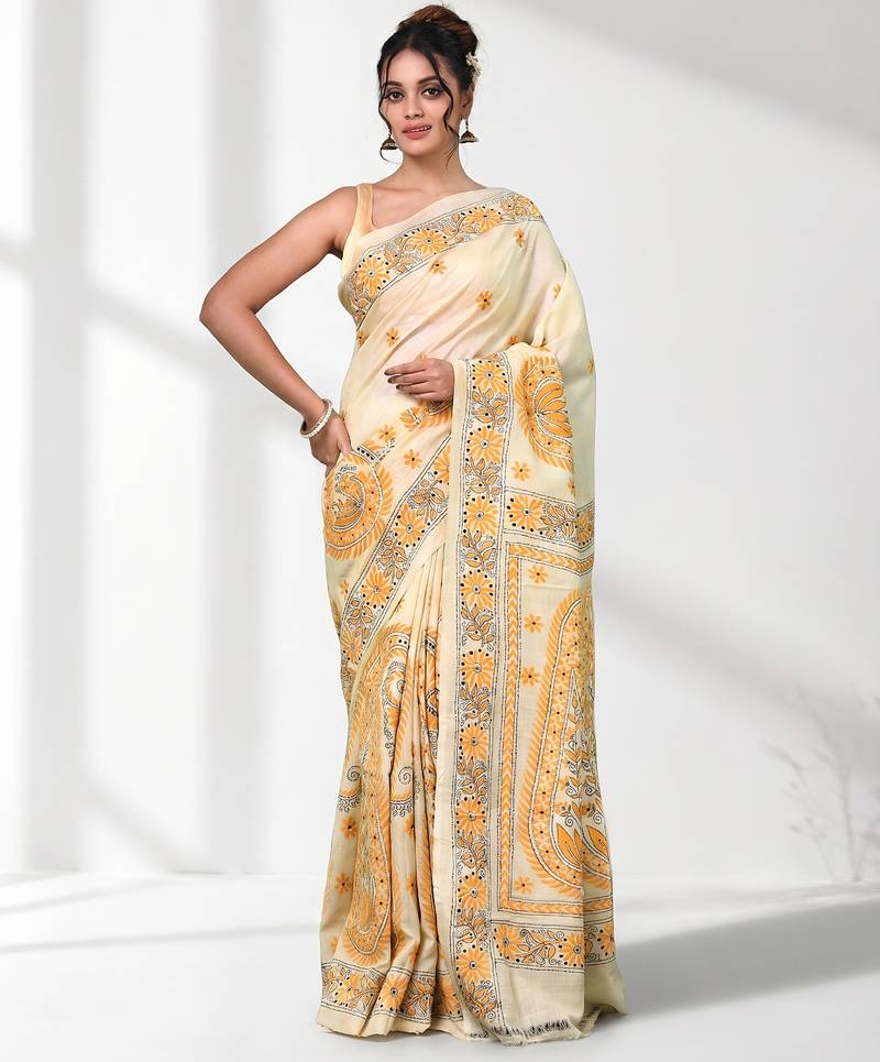 beige kantha stitch bangalore silk blend soft saree