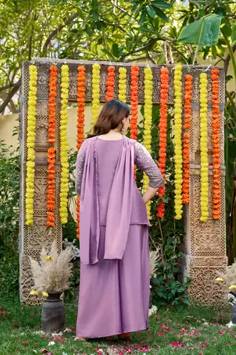Mauve chinnon short kurti with palazzo & dupatta set