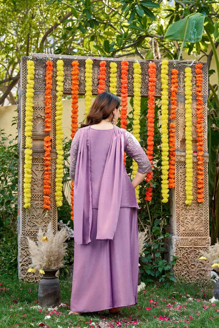 Mauve chinnon short kurti with palazzo & dupatta set