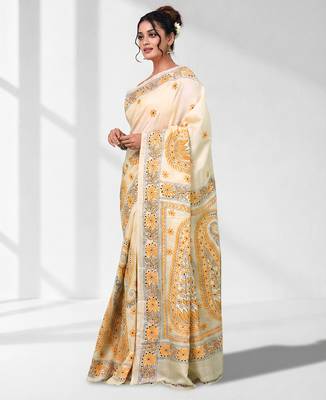 beige kantha stitch bangalore silk blend soft saree 2