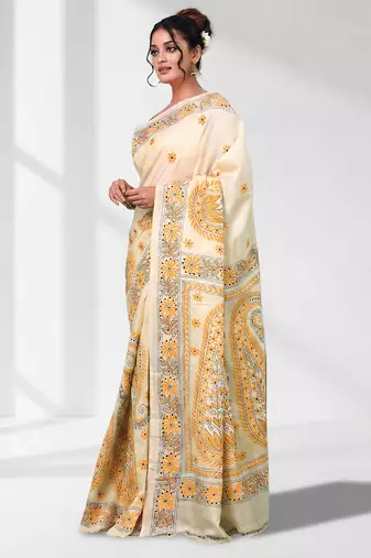 beige kantha stitch bangalore silk blend soft saree