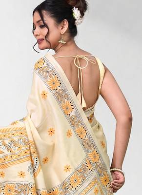 beige kantha stitch bangalore silk blend soft saree 3