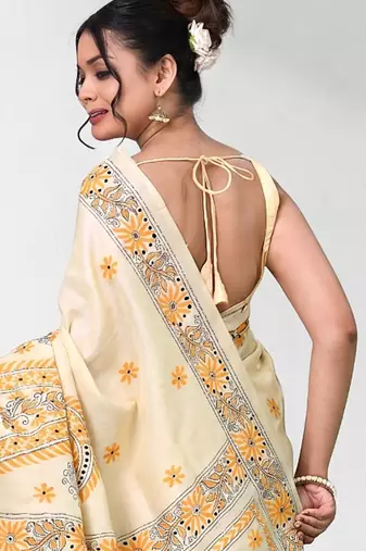 beige kantha stitch bangalore silk blend soft saree