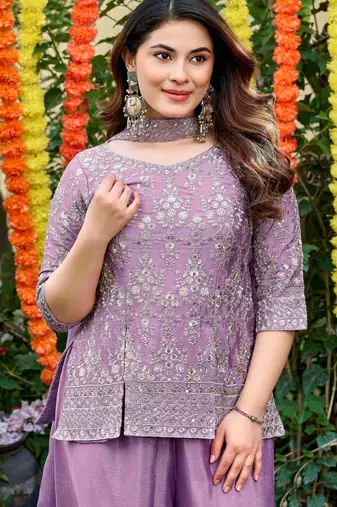 Mauve chinnon short kurti with palazzo & dupatta set