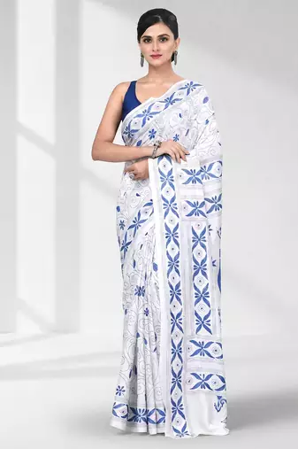 White silk blend kantha stitch saree with peacock & floral motifs