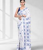 White silk blend kantha stitch saree with peacock & floral motifs
