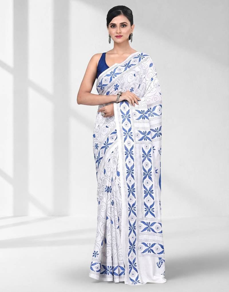 White silk blend kantha stitch saree with peacock & floral motifs