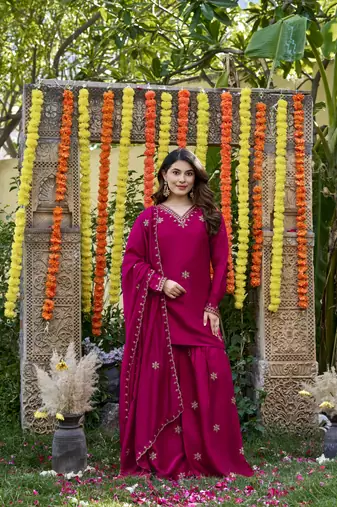 Rani pink viscose glass suit with chanderi dupatta