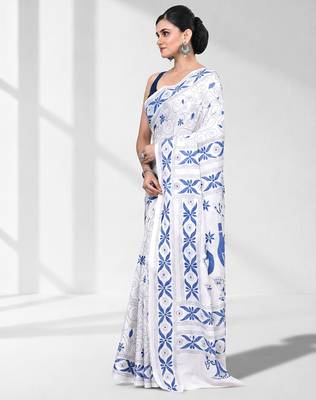 White silk blend kantha stitch saree with peacock & floral motifs 2