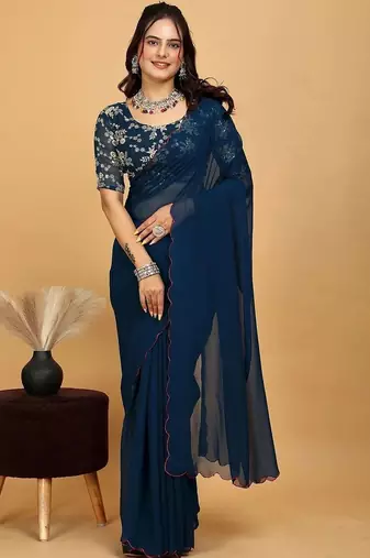 Blue Embroidered Poly Georgette Saree with blouse 