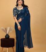 Blue Embroidered Poly Georgette Saree with blouse 