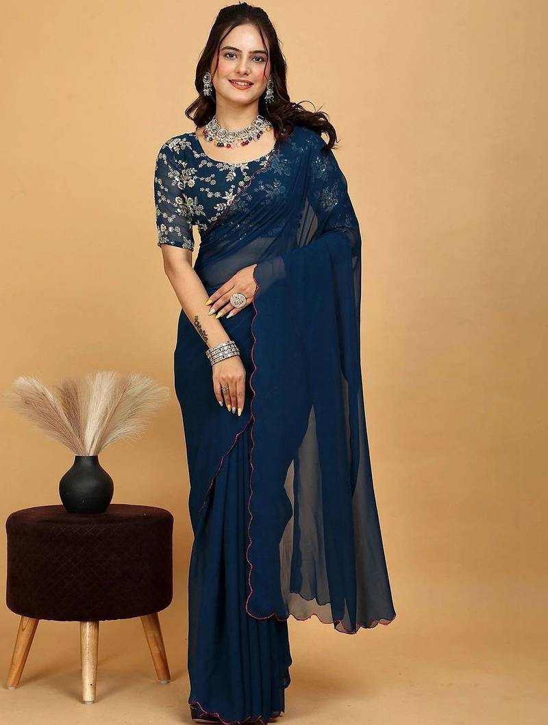 Blue Embroidered Poly Georgette Saree with blouse 