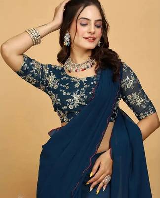 Blue Embroidered Poly Georgette Saree with blouse  2