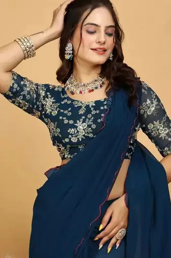 Blue Embroidered Poly Georgette Saree with blouse 