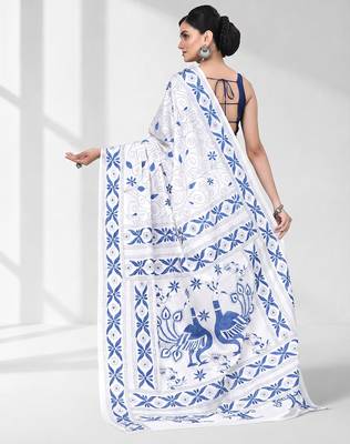 White silk blend kantha stitch saree with peacock & floral motifs 3