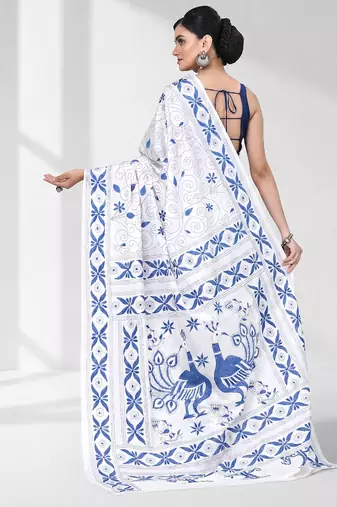 White silk blend kantha stitch saree with peacock & floral motifs