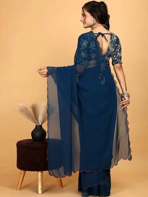 Blue Embroidered Poly Georgette Saree with blouse  3