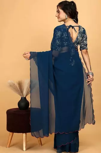 Blue Embroidered Poly Georgette Saree with blouse 