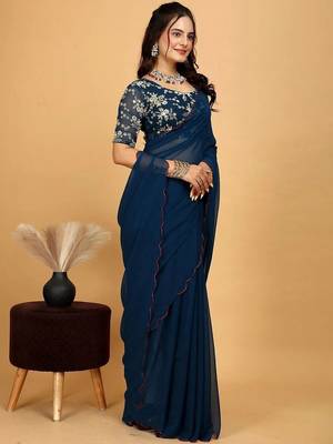 Blue Embroidered Poly Georgette Saree with blouse  4