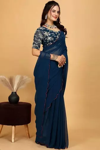 Blue Embroidered Poly Georgette Saree with blouse 