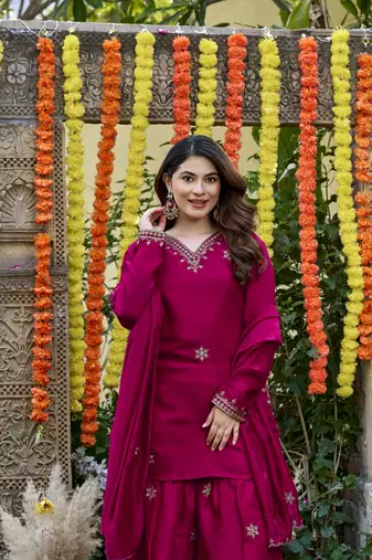 Rani pink viscose glass suit with chanderi dupatta