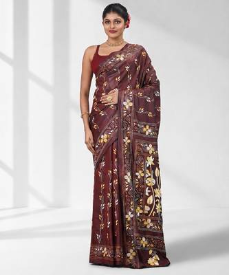 Maroon silk blend kantha stitch saree with multicolor thread work 1