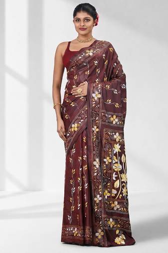 Maroon silk blend kantha stitch saree with multicolor thread work