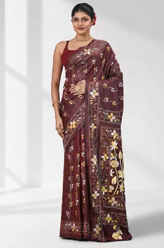 Maroon silk blend kantha stitch saree with multicolor thread work