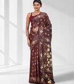 Maroon silk blend kantha stitch saree with multicolor thread work