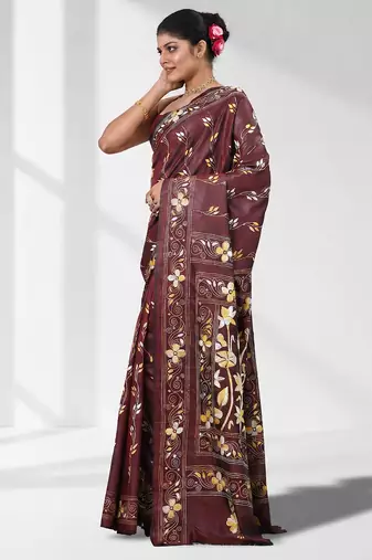 Maroon silk blend kantha stitch saree with multicolor thread work