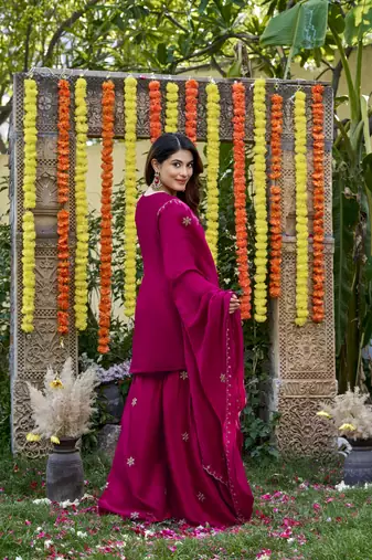 Rani pink viscose glass suit with chanderi dupatta
