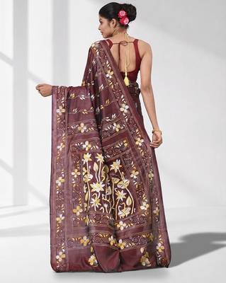Maroon silk blend kantha stitch saree with multicolor thread work 3