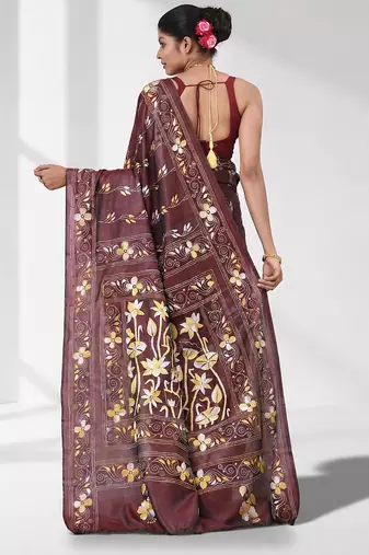 Maroon silk blend kantha stitch saree with multicolor thread work