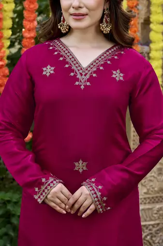 Rani pink viscose glass suit with chanderi dupatta