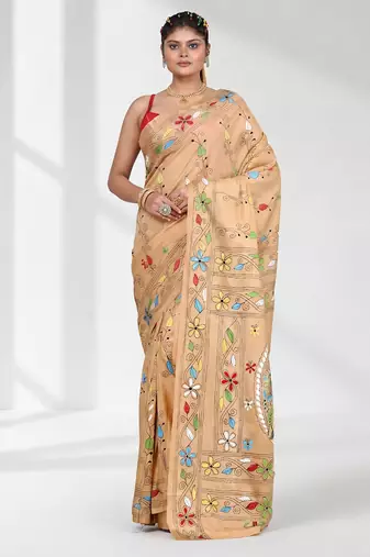 Beige silk blend kantha stitch saree with multicolor thread work